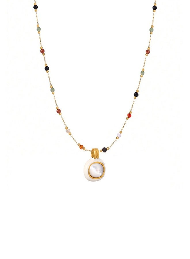 Karmiir Women's Pendant Necklace Beaded Natural Stones Station with White Shell Pendant - 18K Gold-Plated Non-tarnish Necklace 18" + 2” Extension Dainty Jewelry - Image 1
